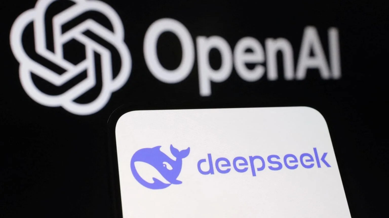 Logos of OpenAI and deepseek are shown; OpenAI's logo is on a black background, and deepseek's logo, featuring a whale illustration, is on a white background.