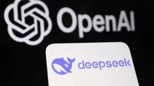 Logos of OpenAI and deepseek are shown; OpenAI's logo is on a black background, and deepseek's logo, featuring a whale illustration, is on a white background.
