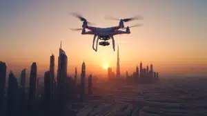 A drone hovers over a city skyline at sunset, with skyscrapers in the background and a prominent tower in the distance.