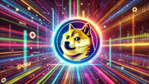 A stylized image of the Doge meme with a Shiba Inu surrounded by a colorful, neon, futuristic background with rays of light and digital effects.