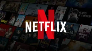 A large, red Netflix logo is centered over a background of various Asian movie and TV show posters.
