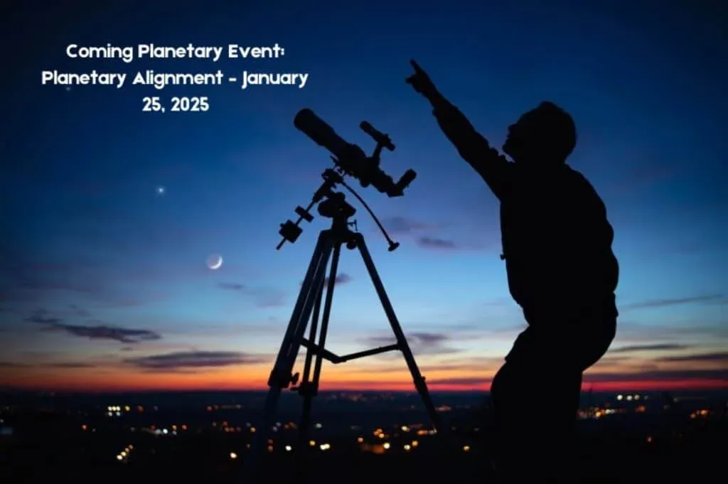 Silhouette of a person pointing towards the sky with a telescope at sunset, with a crescent moon and a distant star visible, accompanied by text announcing a planetary alignment event on January 25, 2025.