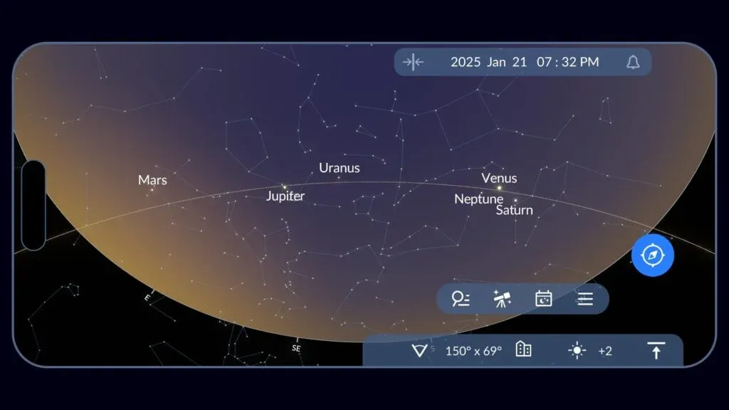 A mobile astronomy app showing the positions of Mars, Jupiter, Uranus, Venus, Neptune, and Saturn in the night sky on January 21, 2025, at 7:32 PM.