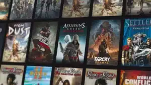 A collage of video game covers, including titles like Assassin's Creed Revelations, Splinter Cell, and Far Cry Primal, with vibrant and action-oriented artwork.