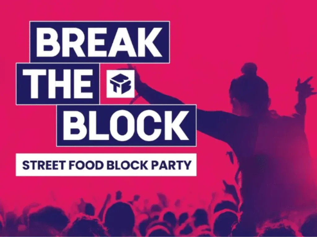 Promotional poster for 'Break the Block: Street Food Block Party' featuring a silhouette of a person raising their arm against a vibrant pink background.