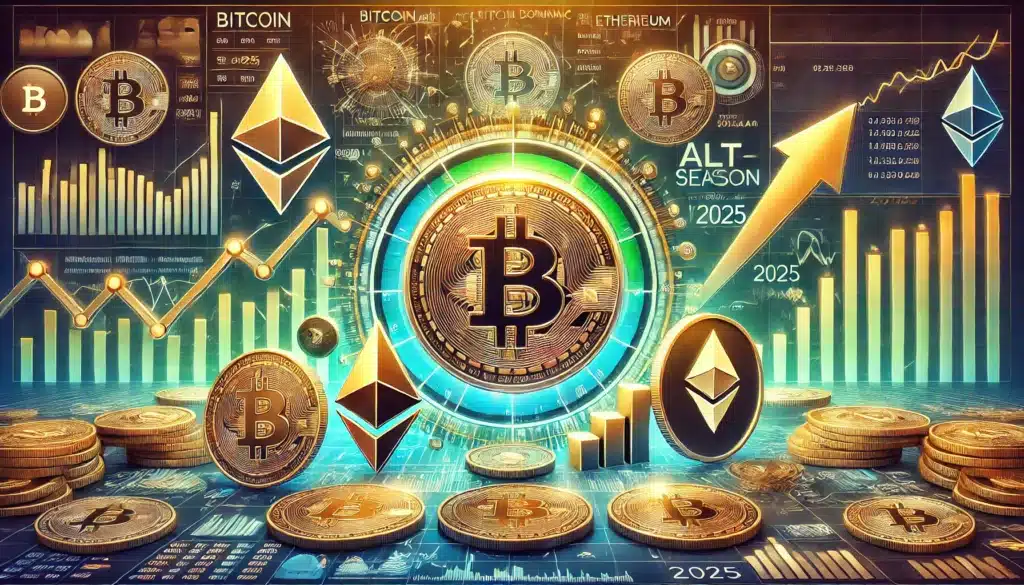 A digital artwork featuring Bitcoin and Ethereum symbols amidst financial charts, showing upward trends and stacks of coins, symbolizing cryptocurrency growth in 2025 during "ALT-SEASON."
