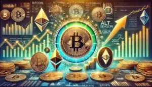 A digital artwork featuring Bitcoin and Ethereum symbols amidst financial charts, showing upward trends and stacks of coins, symbolizing cryptocurrency growth in 2025 during "ALT-SEASON."