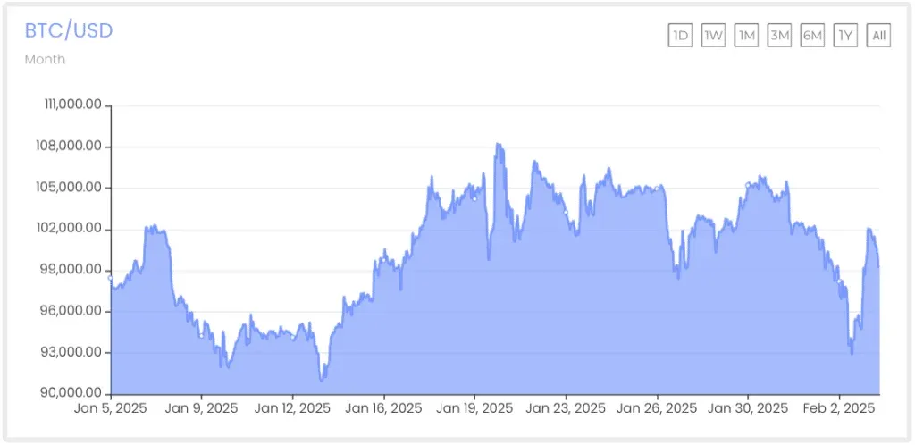 A line chart displaying the BTC/USD exchange rate from January 5, 2025, to February 2, 2025, showing fluctuations between ,000 and 1,000.