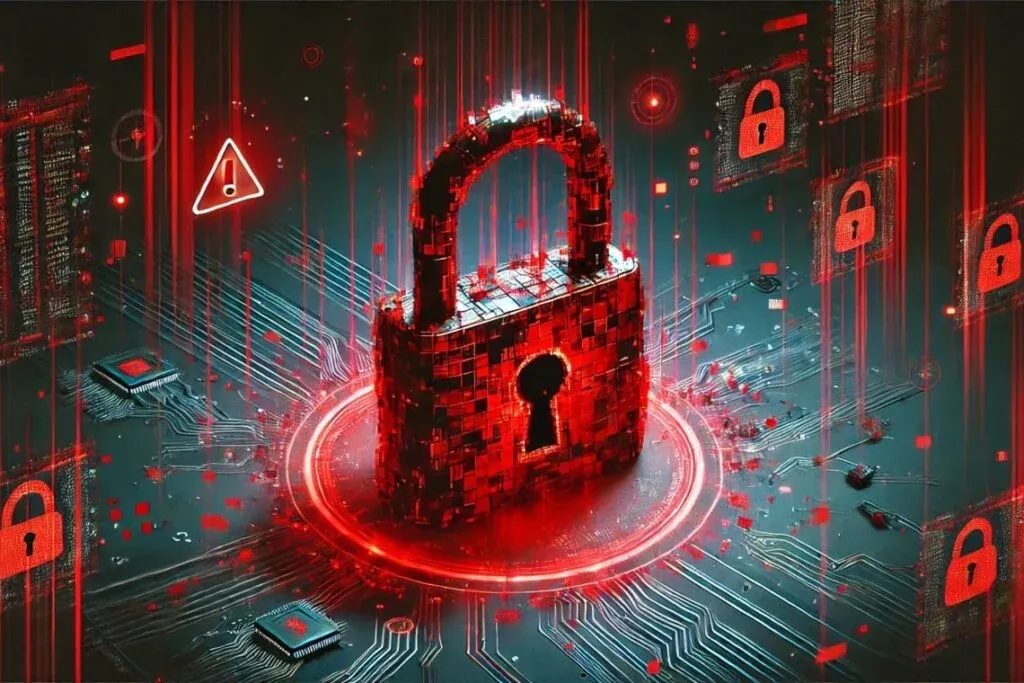 A digital illustration of a padlock made of red and black digital blocks, symbolizing cybersecurity. The lock is surrounded by circuitry and glowing red lines and icons, including a warning triangle and multiple padlocks, suggesting a focus on data protection and technological security.