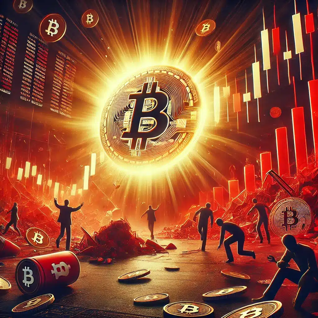 Bitcoin Dominance Soars, A dramatic visual of a cryptocurrency market crash followed by a strong rebound. The scene should show a deep red market with falling candlesticks, tr