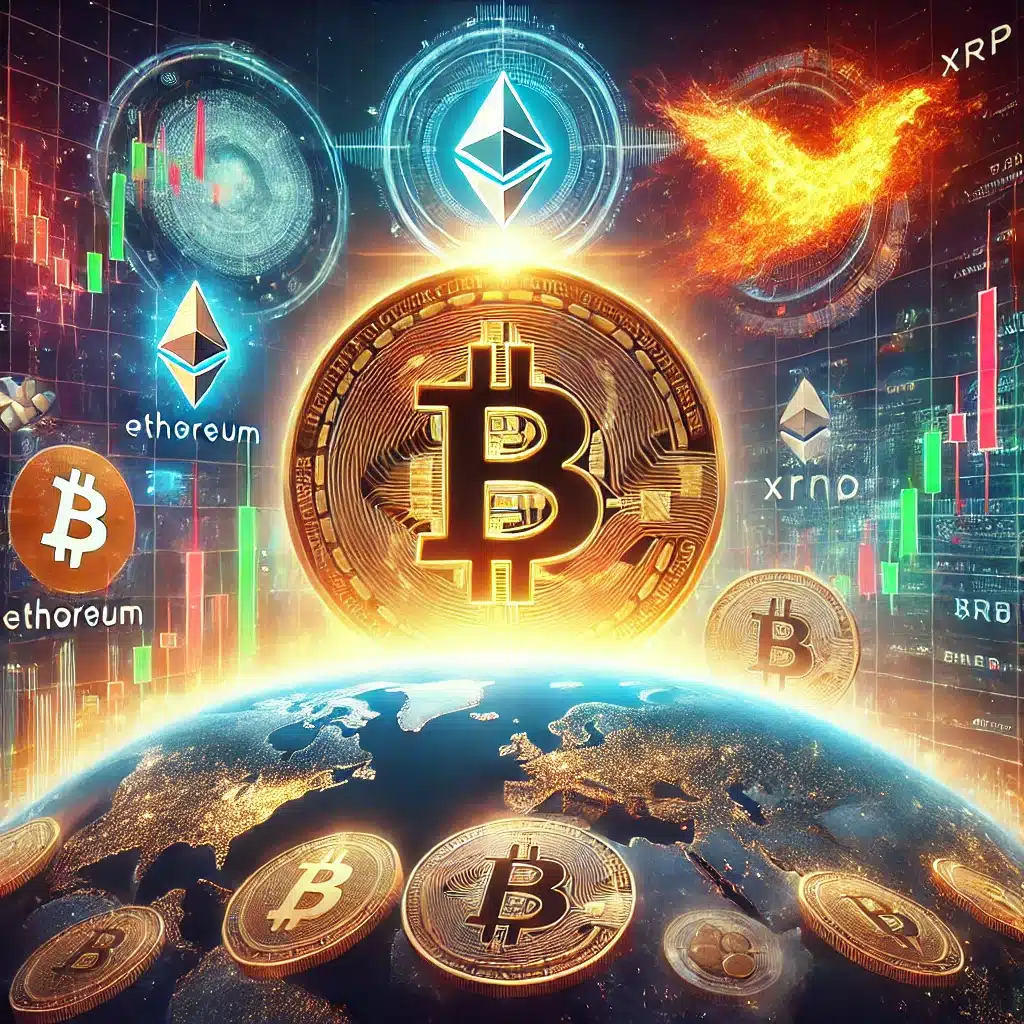 Bitcoin Dominance Soars. A powerful representation of Bitcoin dominance, showing a glowing Bitcoin symbol towering over smaller cryptocurrency coins like Ethereum, XRP, Sol