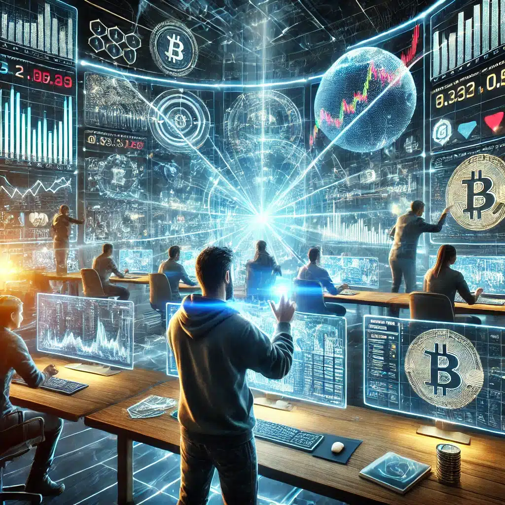 DALL·E 2025 02 04 11.13.17 1. A high energy scene of cryptocurrency traders working on a futuristic trading floor, surrounded by glowing digital screens displaying market data a