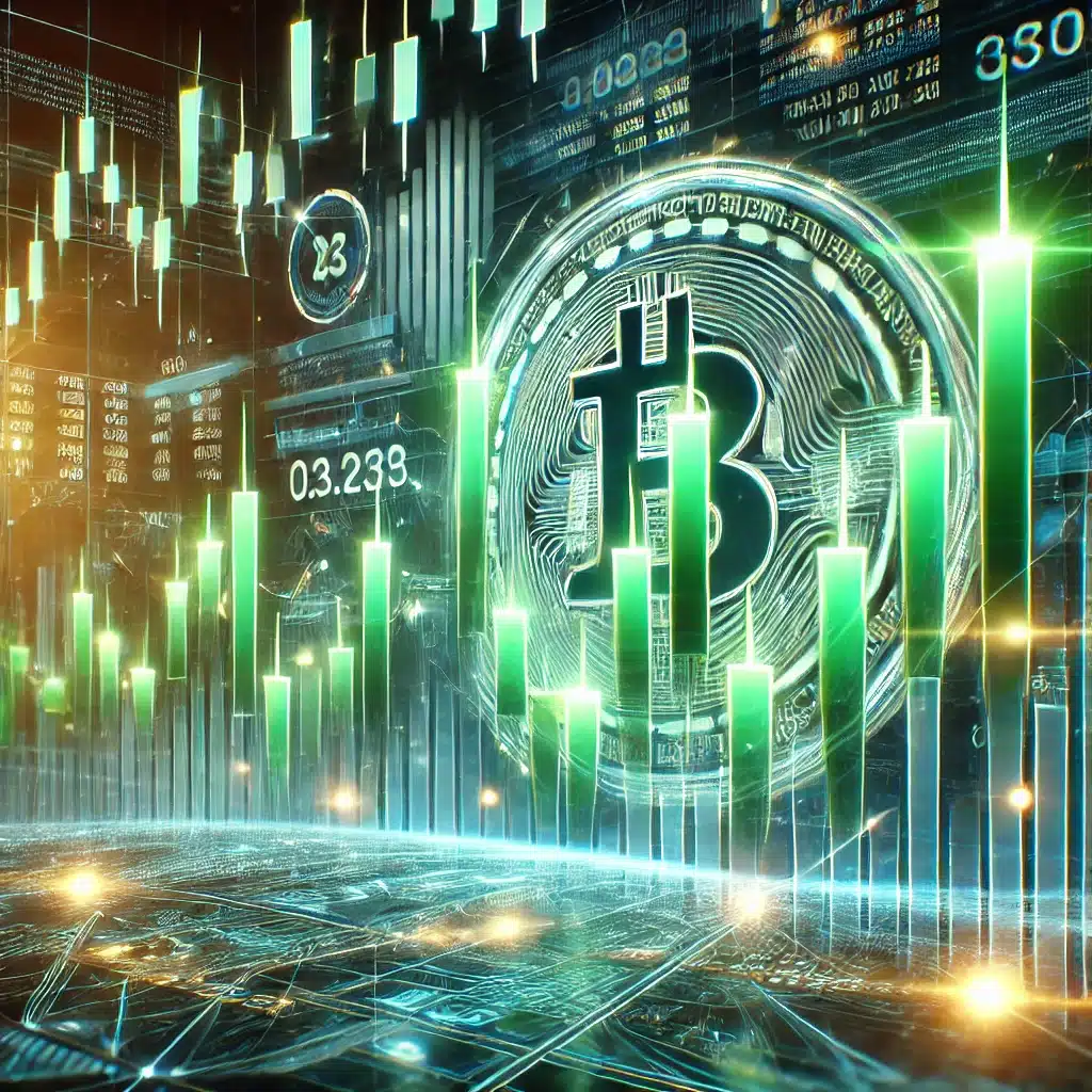 Bitcoin Dominance Soars. DALL·E 2025 02 04 11.20.09 A futuristic and high energy cryptocurrency trading chart with glowing green candlesticks rising sharply. The background should feature a digital fina