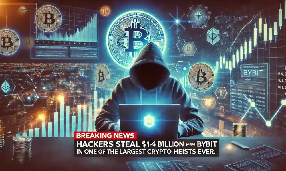 DALL·E 2025 02 22 10.12.28 A dramatic news scene depicting a large scale cryptocurrency heist, with a dark, cyberpunk aesthetic. A hacker in a hoodie with a glowing laptop scree