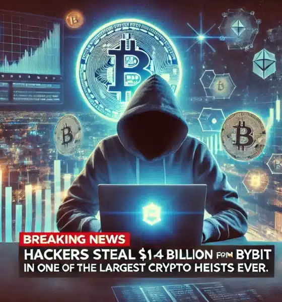 DALL·E 2025 02 22 10.12.28 A dramatic news scene depicting a large scale cryptocurrency heist, with a dark, cyberpunk aesthetic. A hacker in a hoodie with a glowing laptop scree