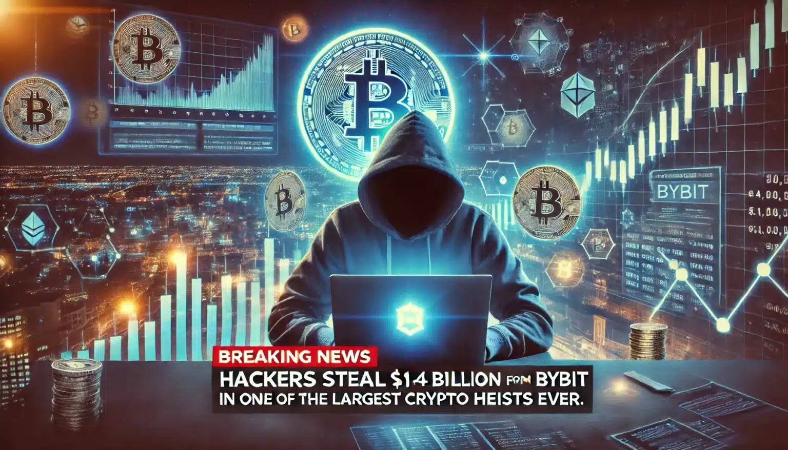 A hooded figure sits at a computer in front of digital graphics depicting Bitcoin symbols and financial charts. Below, a news headline reads: 'Breaking News: Hackers steal $14 billion from Bybit in one of the largest crypto heists ever.'