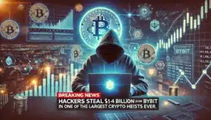 A hooded figure sits at a computer in front of digital graphics depicting Bitcoin symbols and financial charts. Below, a news headline reads: 'Breaking News: Hackers steal $14 billion from Bybit in one of the largest crypto heists ever.'