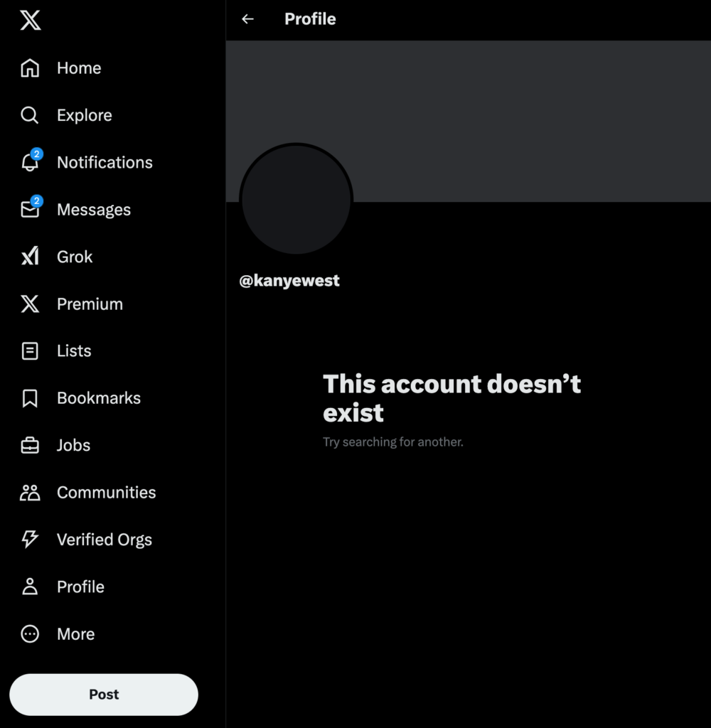 Kanye West's profile is no longer showing up on X