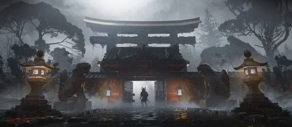 A samurai stands in front of a traditional Japanese gate (torii) shrouded in fog, surrounded by intricately carved stone lanterns and guardian lion statues, in a misty, atmospheric forest setting.