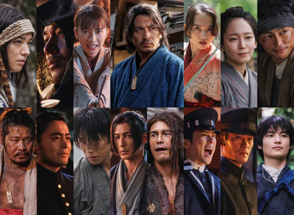 A collage of various characters from a Japanese period drama, each dressed in traditional or period-specific clothing, showcasing a range of emotions and personalities.