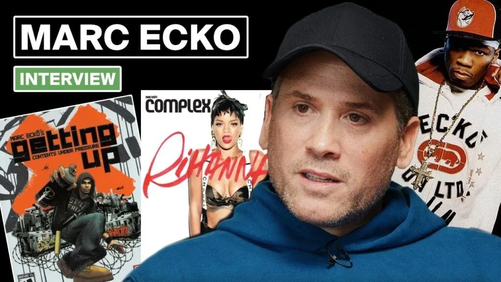 A man in a blue hoodie and black cap is pictured against a backdrop of images from popular culture, including a video game cover, a magazine cover featuring a woman, and another featuring a musician.