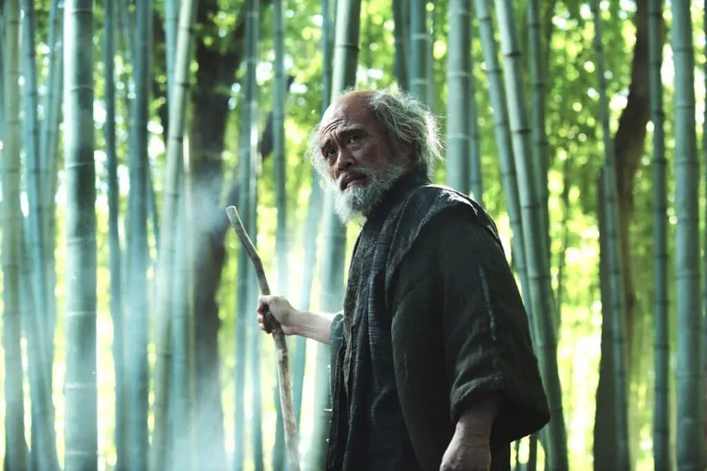 An elderly man with a beard and unkempt hair stands in a bamboo forest, holding a stick and looking over his shoulder with a serious expression, while soft mist surrounds him.
