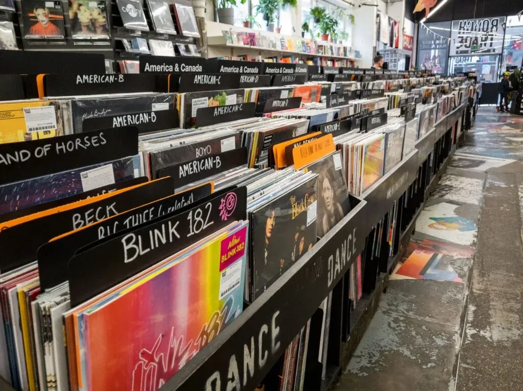 Interior of a record store with rows of vinyl records organized by categories, including