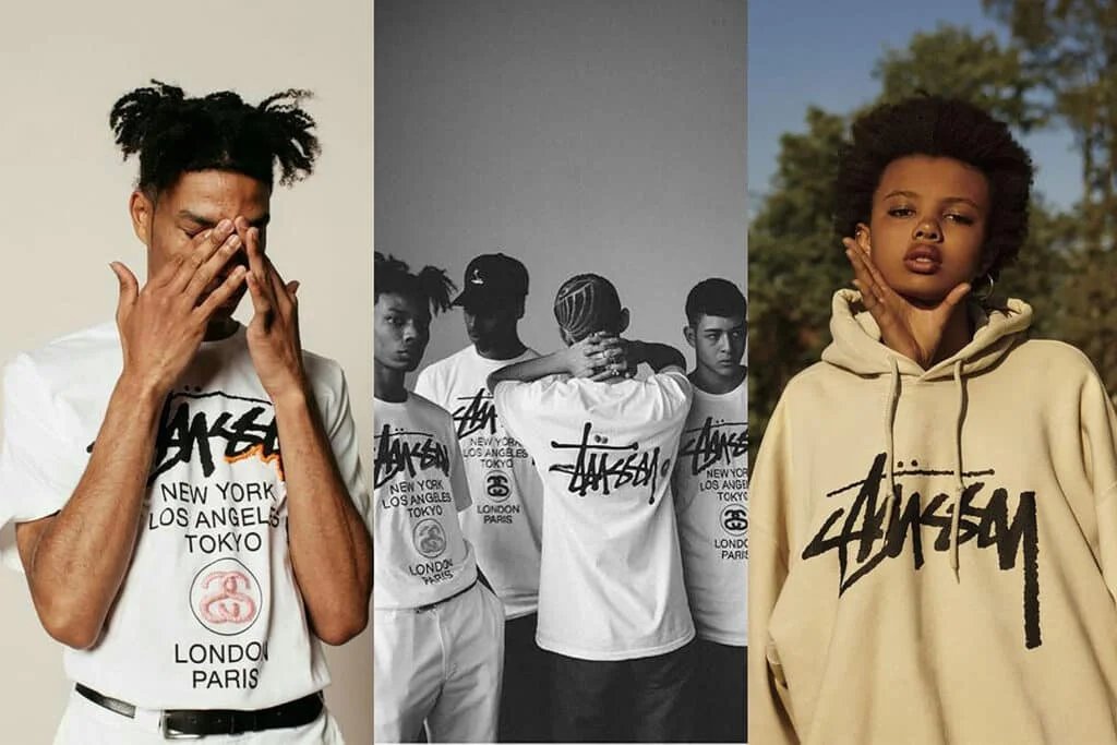 A collage of three images featuring models wearing Stüssy branded clothing: on the left, a person in a white T-shirt with city names; in the center, a group photo of people in similar T-shirts, one with back to the camera; on the right, a person in a beige hoodie with the Stüssy logo.