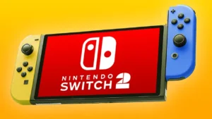 A concept design of a Nintendo Switch 2 console with yellow and blue controllers attached, displayed on a yellow background.