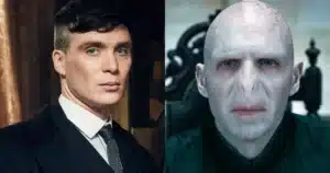 A split image showing a man with slicked-back dark hair and a suit on the left, and a character with a pale, noseless face and bald head on the right.