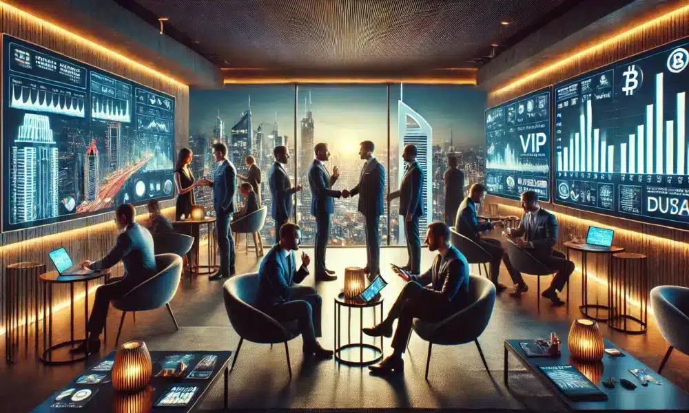 DALL·E 2025 03 18 17.58.21 A cinematic, ultra realistic image of an exclusive VIP crypto investor gathering in Dubai. The scene takes place in a luxurious private lounge with mo