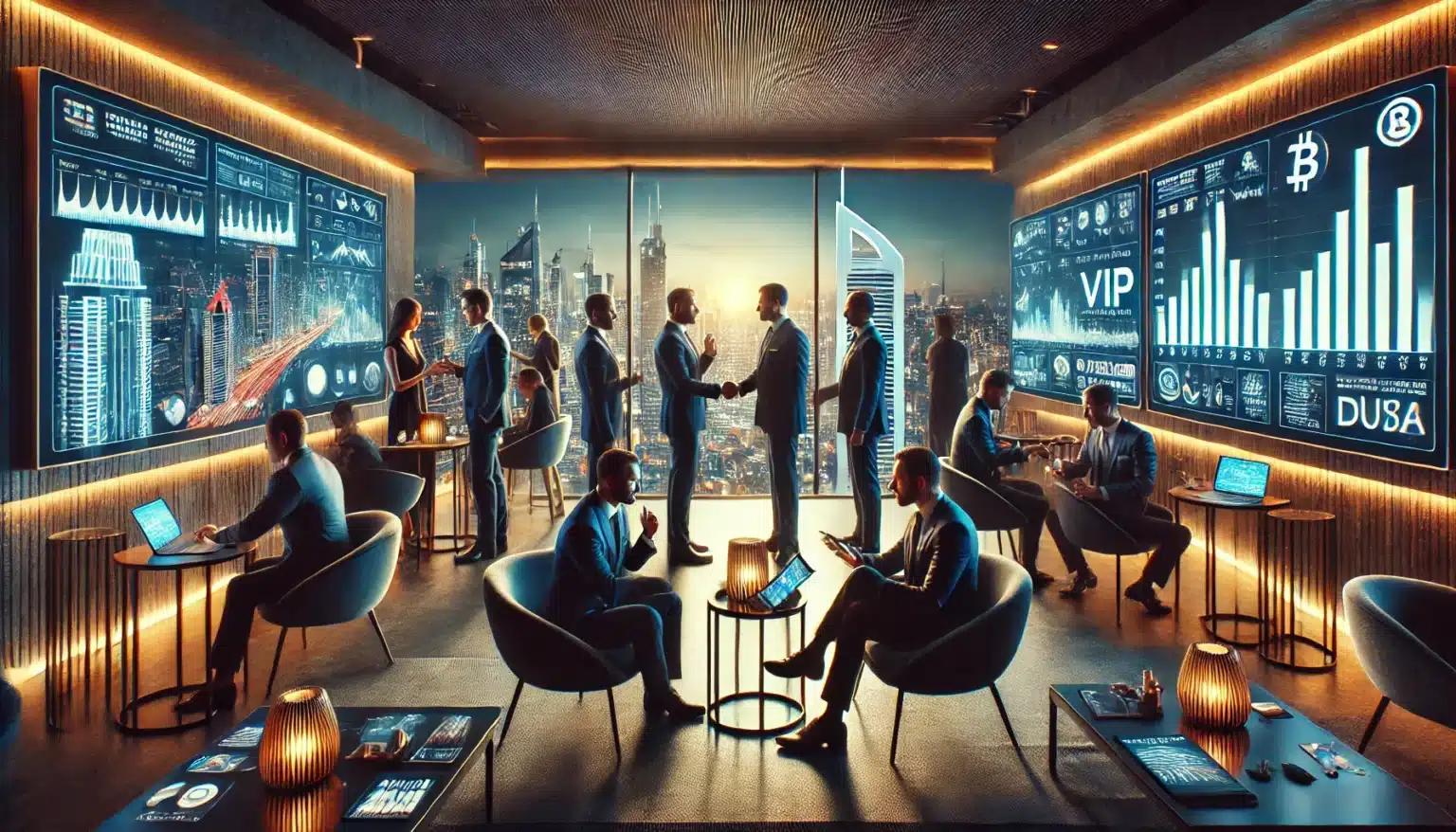 DALL·E 2025 03 18 17.58.21 A cinematic, ultra realistic image of an exclusive VIP crypto investor gathering in Dubai. The scene takes place in a luxurious private lounge with mo