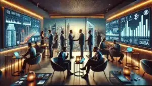 DALL·E 2025 03 18 17.58.21 A cinematic, ultra realistic image of an exclusive VIP crypto investor gathering in Dubai. The scene takes place in a luxurious private lounge with mo