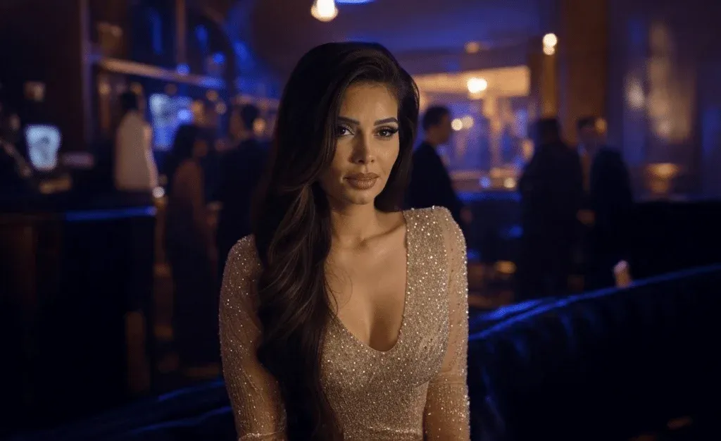 A woman with long, wavy hair wearing a sparkling, sequined dress sits in a dimly lit lounge area with people in the background.