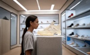 A woman in a gray shirt stands in a modern sneaker store, looking at a beige high-top sneaker displayed on a pedestal. The sneaker has the word "AIR" printed on its midsole. Shelves with various shoes are visible in the background.