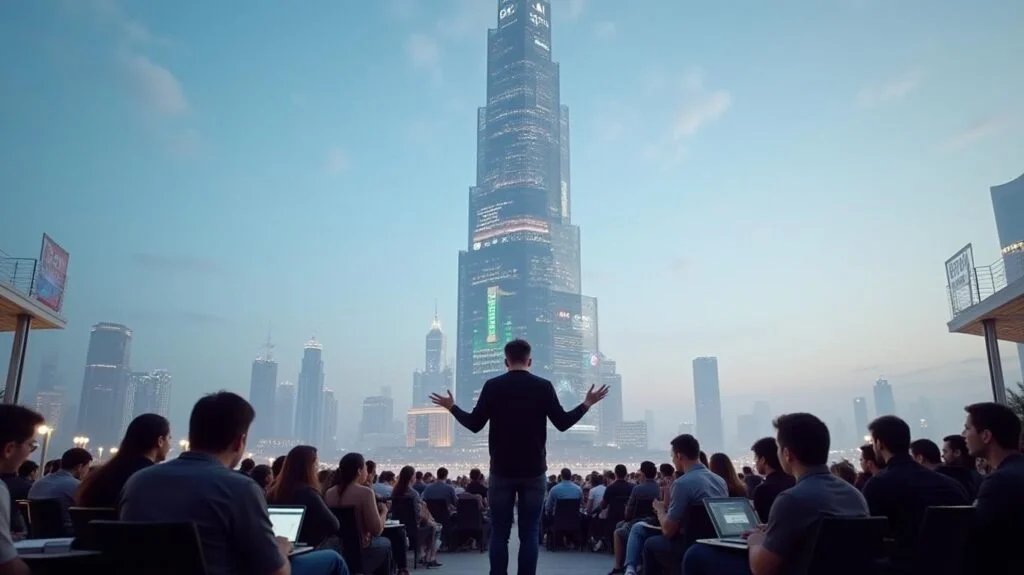 A person stands before a seated audience, gesturing with open arms, against the backdrop of a large, illuminated skyscraper at dusk.