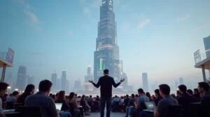 A person stands before a seated audience, gesturing with open arms, against the backdrop of a large, illuminated skyscraper at dusk.