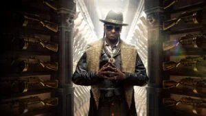 A person wearing a hat, sunglasses, and fur-collared coat stands in a dramatic pose surrounded by display racks of golden guns.