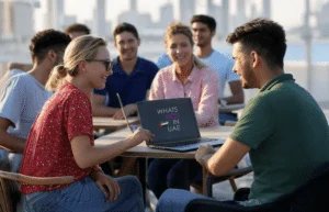 A group of young adults seated outdoors, engaged in conversation with a laptop displaying the text 'WHAT'S HOT IN UAE' on the screen.