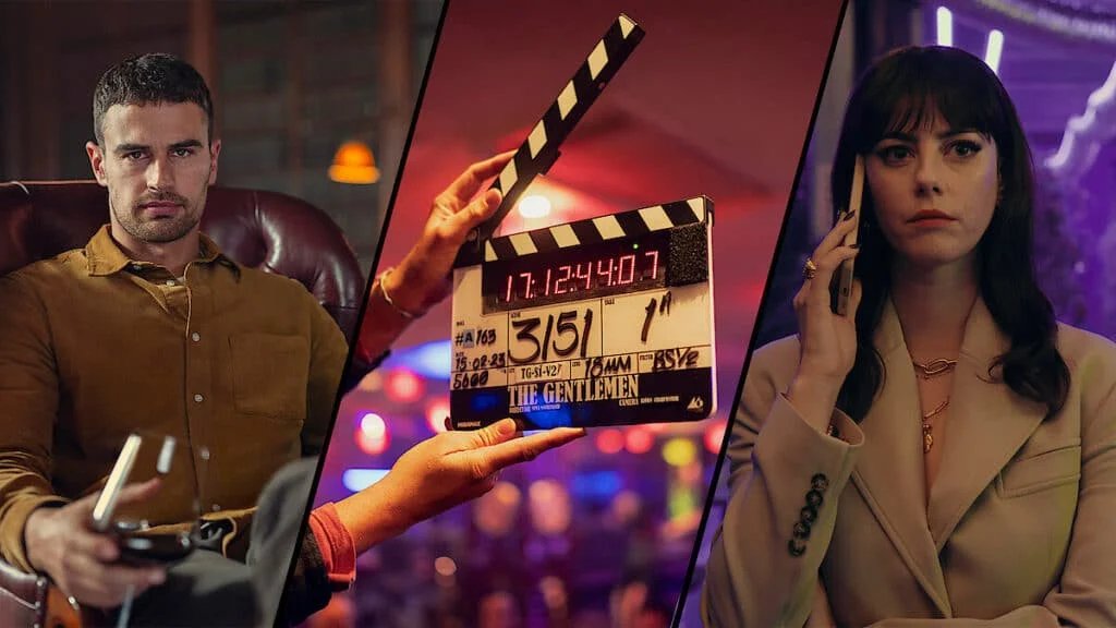 A split image showing two actors in different scenes and a movie clapperboard between them. On the left, a man in a brown shirt sits pensively with a glass in hand. On the right, a woman in a beige jacket holds a phone to her ear, set against a dimly lit, colorful background. The center features a close-up of a film clapperboard labeled 'The Gentlemen.'