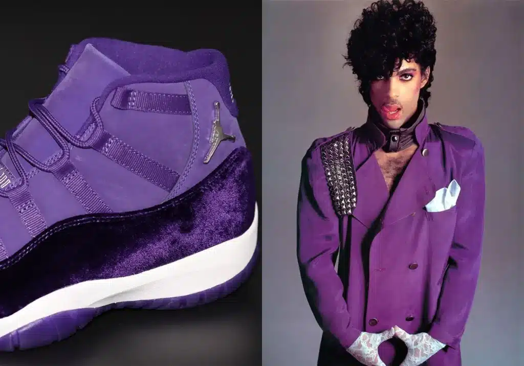 A split image featuring a close-up of a purple Air Jordan sneaker with a velvet texture on the left, and a person wearing a purple outfit and studded accessories on the right.