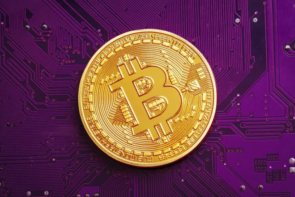 A gold Bitcoin coin with a Bitcoin symbol on it, placed on a purple circuit board background.
