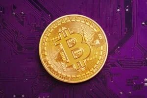 A gold Bitcoin coin with a Bitcoin symbol on it, placed on a purple circuit board background.