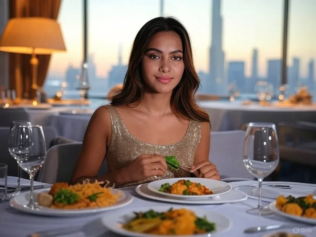 A woman in a gold dress is seated at a restaurant table with city skyscrapers in the background. She is holding a fork near a plate of food, and there are several dishes and wine glasses on the table, creating a fine dining atmosphere.