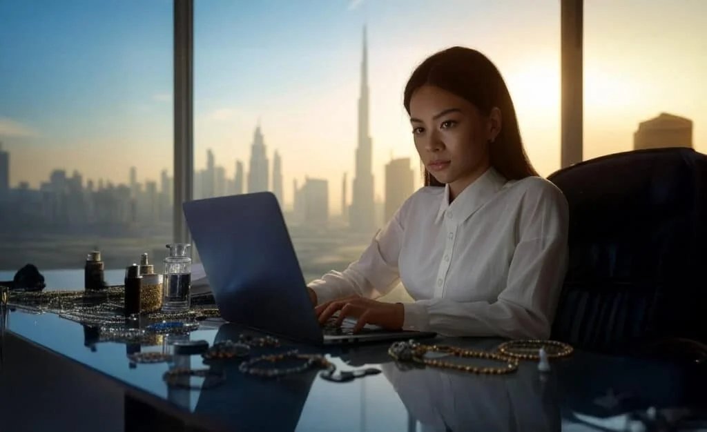 A woman in a white blouse sits at a desk in front of a laptop, with various jewelry and perfume bottles scattered on the desk, against a backdrop of a city skyline at sunset.