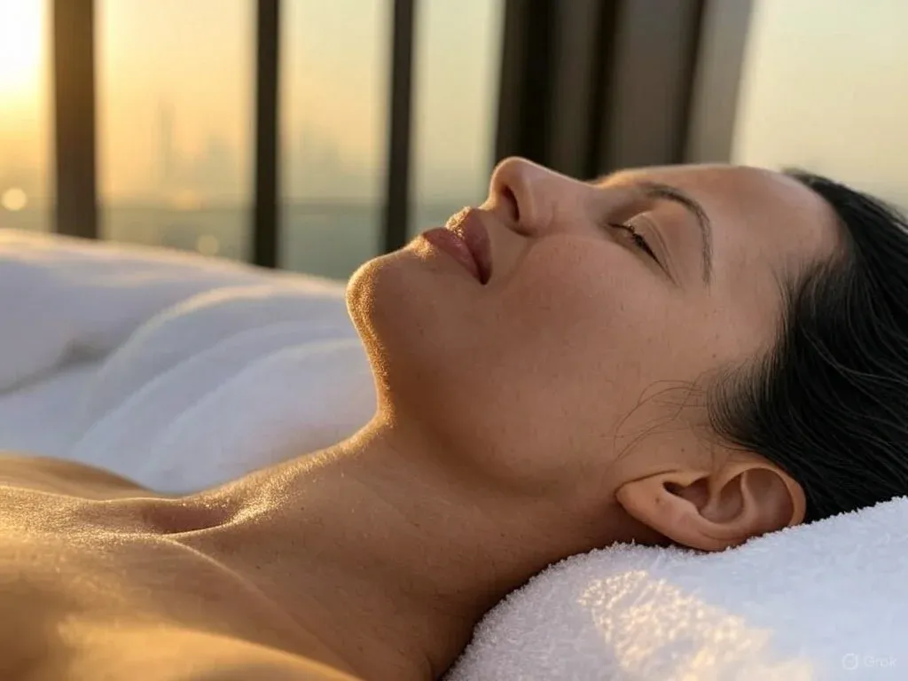 A person is relaxing on a white towel outdoors with closed eyes, bathed in the warm glow of a setting sun, and the blurred skyline in the background.