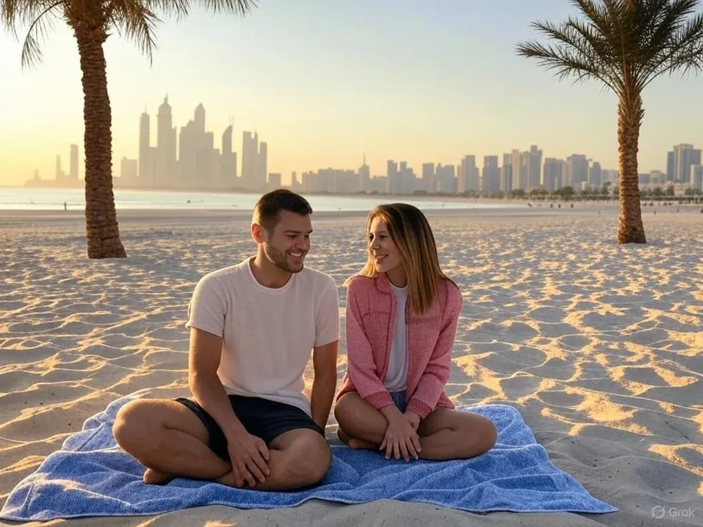 A couple sitting on a blue towel on a sandy beach with palm trees and a city skyline in the background during sunset.