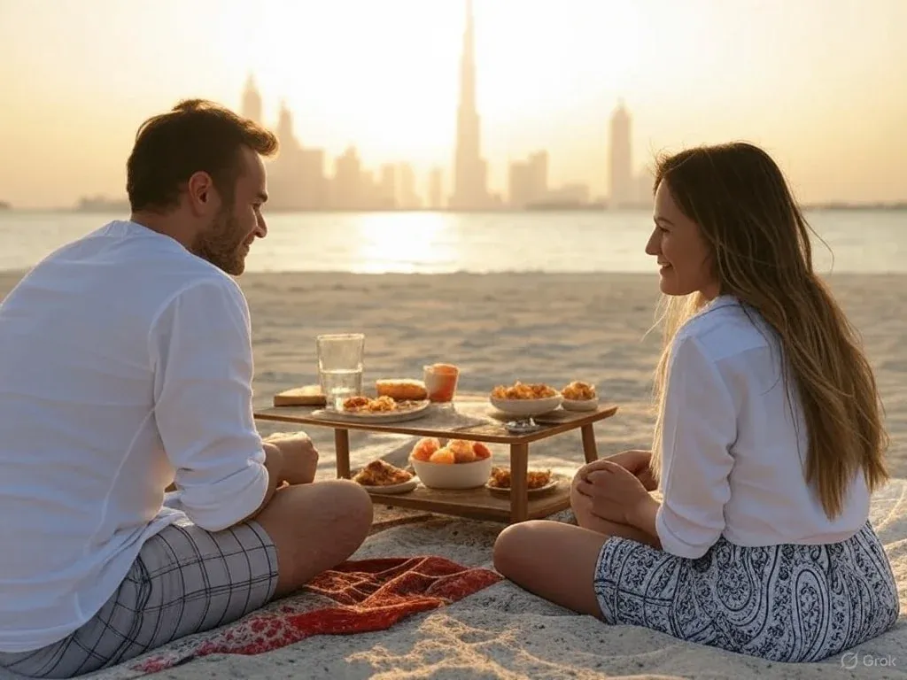 A couple sits on a beach at sunset with a low table between them holding snacks and drinks, with a city skyline visible in the distance.