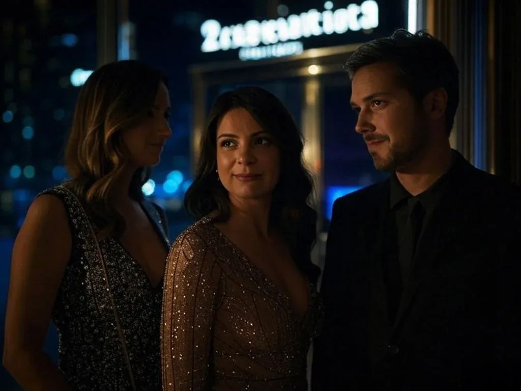 Three people dressed elegantly stand together indoors, with a softly lit background.