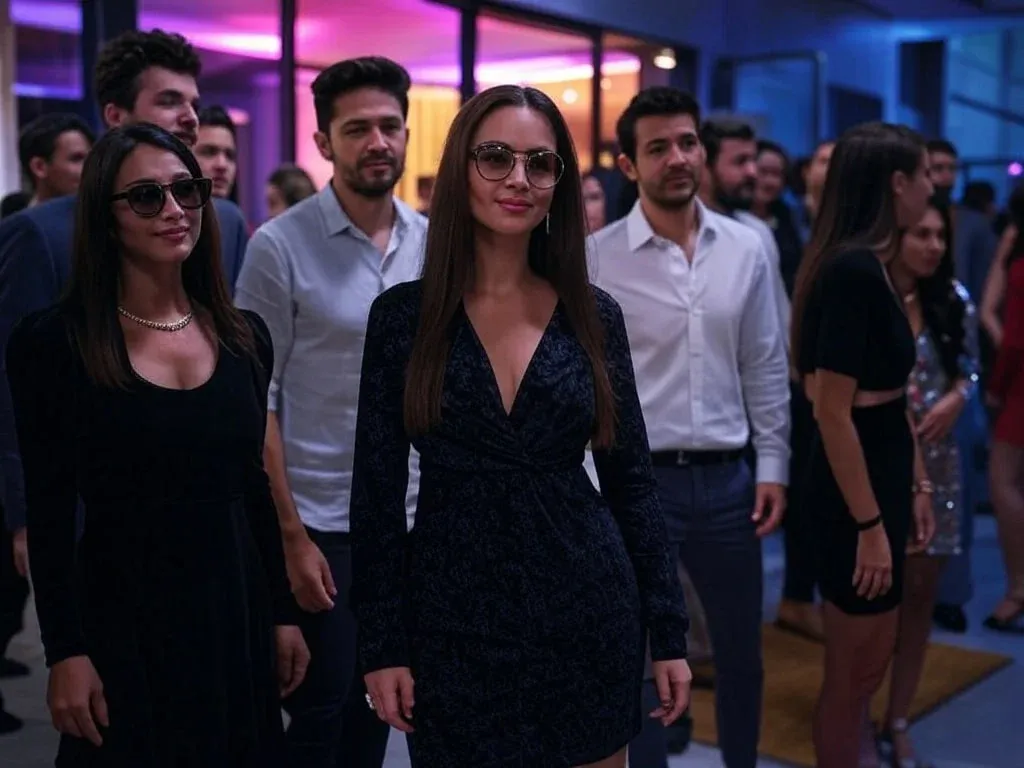 A group of well-dressed people Become a Nightlife Insider at an indoor event, featuring a woman in a black dress with long sleeves and sunglasses in the foreground, surrounded by other individuals in semi-formal attire under colorful lighting.